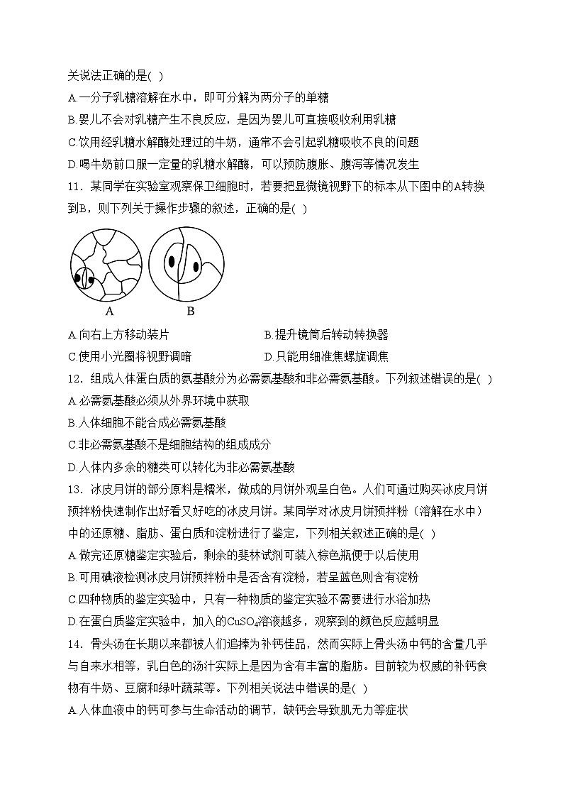 柳州高级中学2024-2025学年高一上学期阶段性检测生物试卷(含答案)第3页