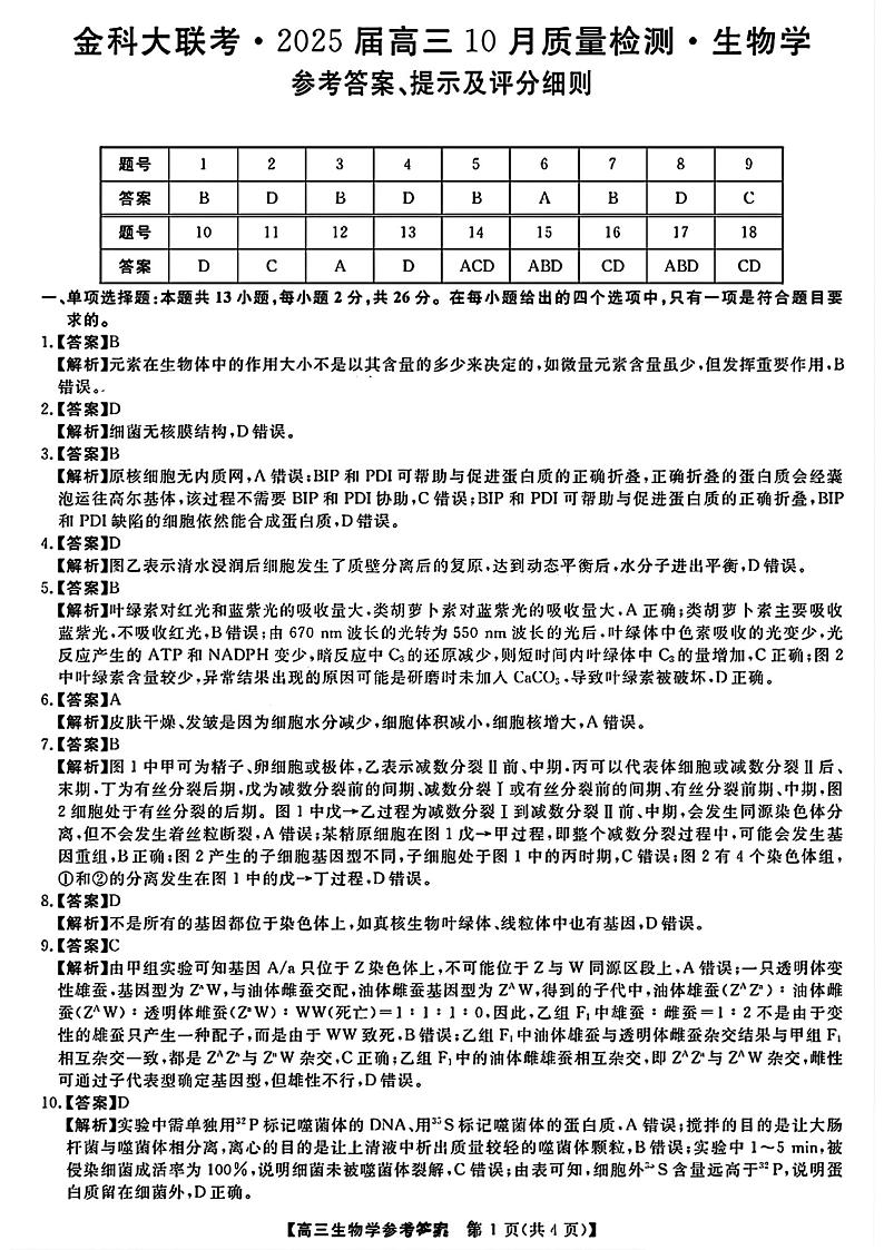 2025届高三金科新未来10月联考 生物答案第1页