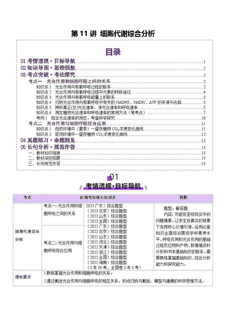 新高考生物一輪復(fù)習(xí)講練測第11講 細(xì)胞代謝綜合分析（講義）（原卷版）第1頁