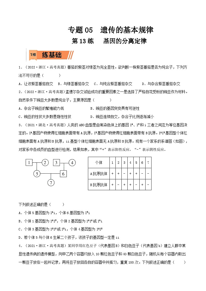新高考生物一轮复习小题多练第13练 基因的分离定律(原卷版)第1页