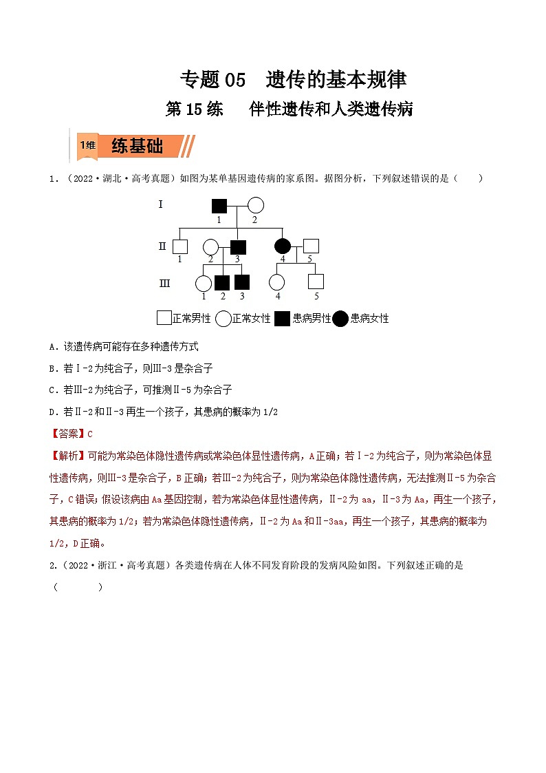 新高考生物一轮复习小题多练第15练 伴性遗传和人类遗传病(解析版)第1页