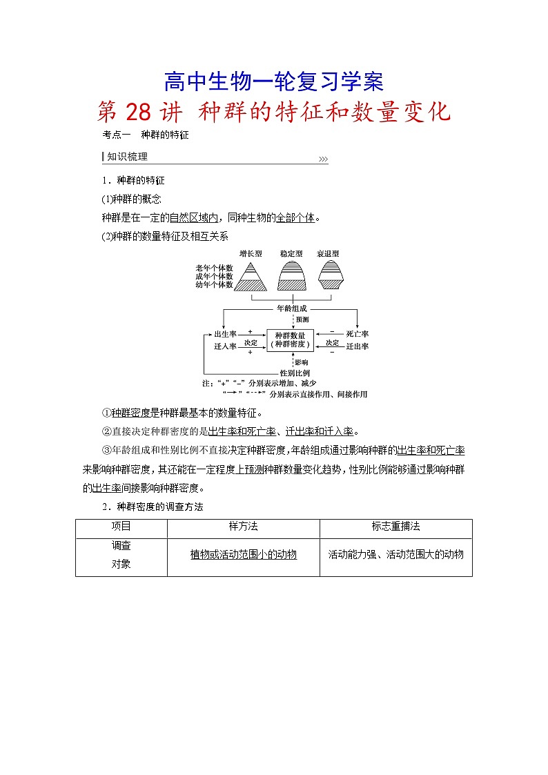 新高考生物一轮复习学案:第28讲 种群的特征和数量变化第1页