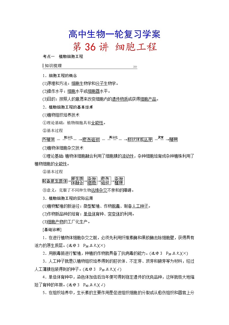新高考生物一轮复习学案:第36讲 细胞工程01
