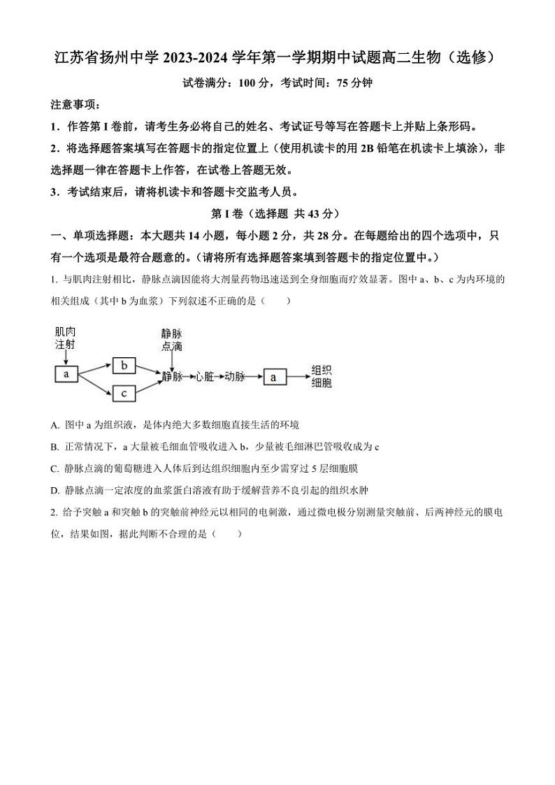 江苏省扬州名校2023~2024学年高二上学期11月期中生物试题 (含解析)第1页