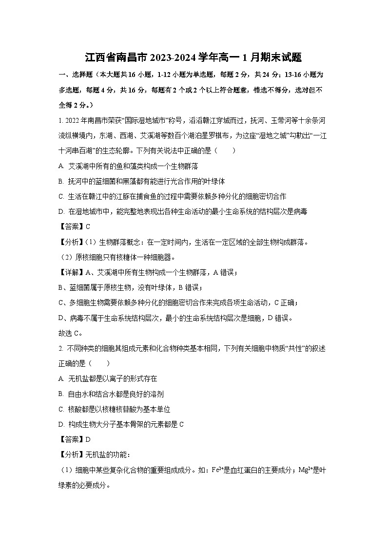 江西省南昌市2023-2024学年高一上学期1月期末生物试题(解析版)01