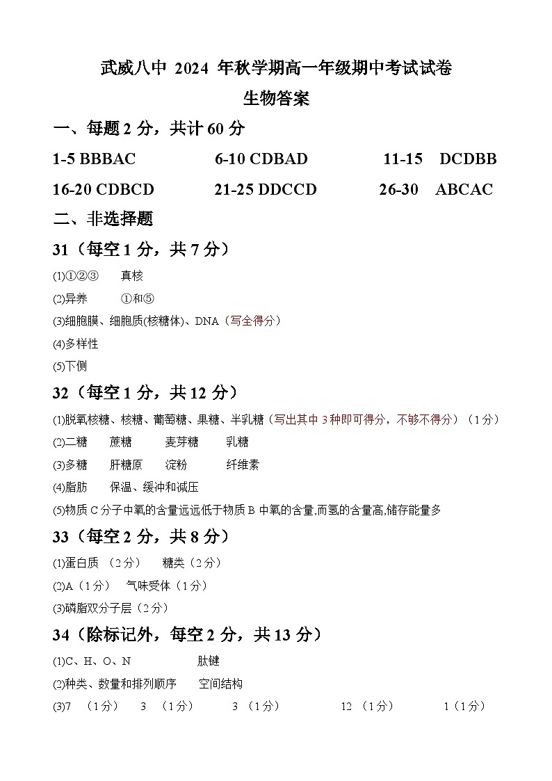 甘肃省武威市凉州区武威第八中学2024-2025学年高一上学期10月期中考试生物试题01