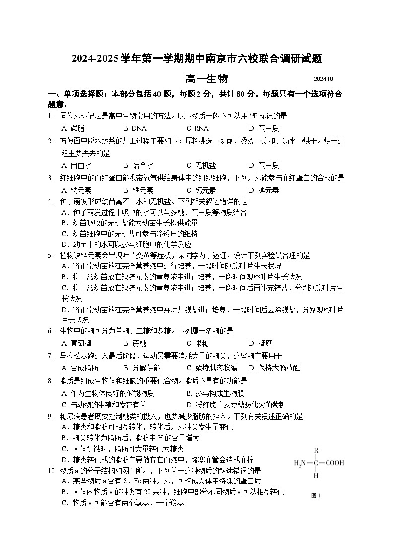 江苏省南京市六校2024-2025学年高一上学期10月期中联合调研生物试题第1页