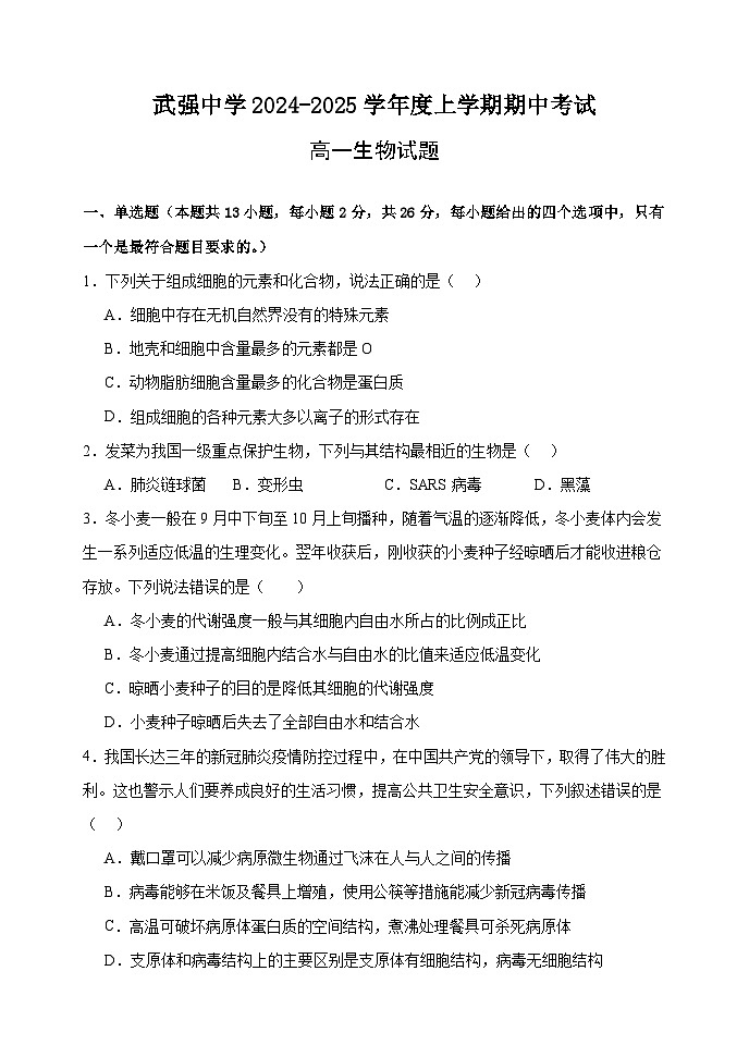 河北省衡水市武强中学2024-2025学年高一上学期期中考试生物试题01