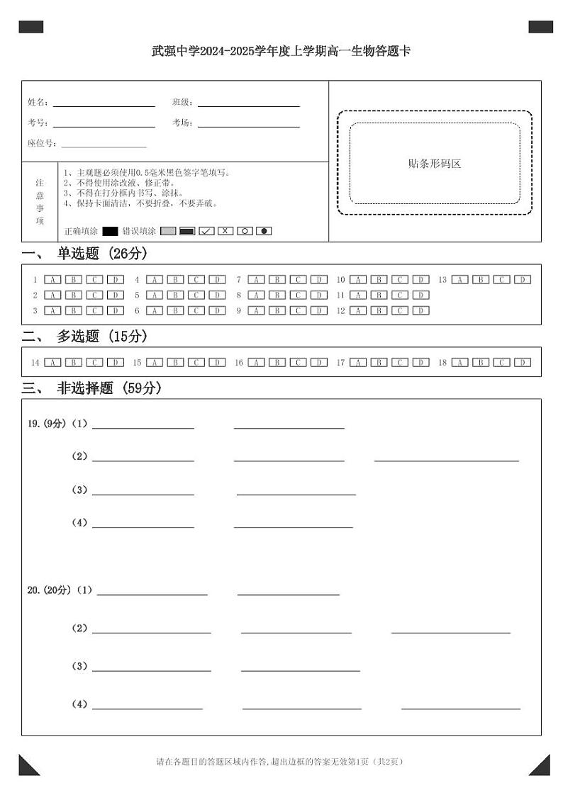 河北省衡水市武强中学2024-2025学年高一上学期期中考试生物试题01