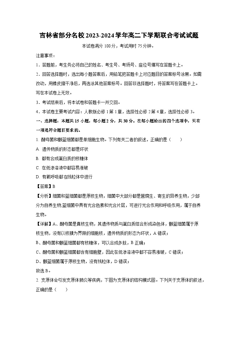 吉林省部分名校2023-2024学年高二下学期联合考试生物试卷（解析版）