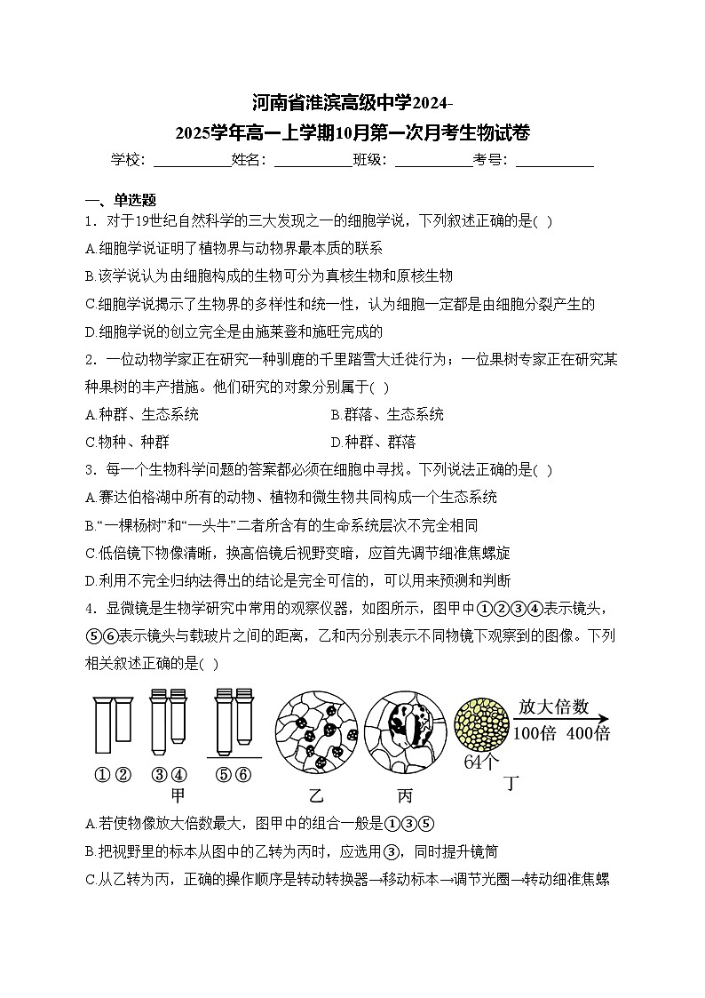 河南省淮滨高级中学2024-2025学年高一上学期10月第一次月考生物试卷(含答案)第1页