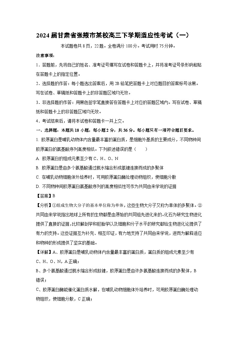 2024届甘肃省张掖市某校高三下学期适应性考试(一)生物试卷(解析版)第1页