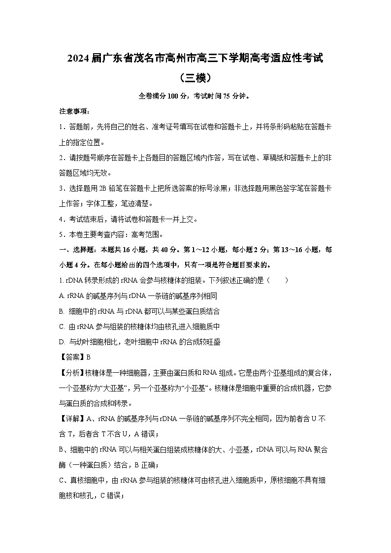 2024届广东省茂名市高州市高三下学期高考适应性考试(三模)生物试卷(解析版)第1页