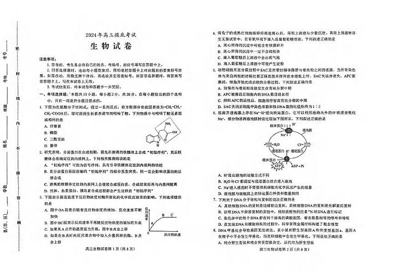 生物丨河北省保定市2025届高三10月摸底考试(保定一模)生物试卷及答案第1页