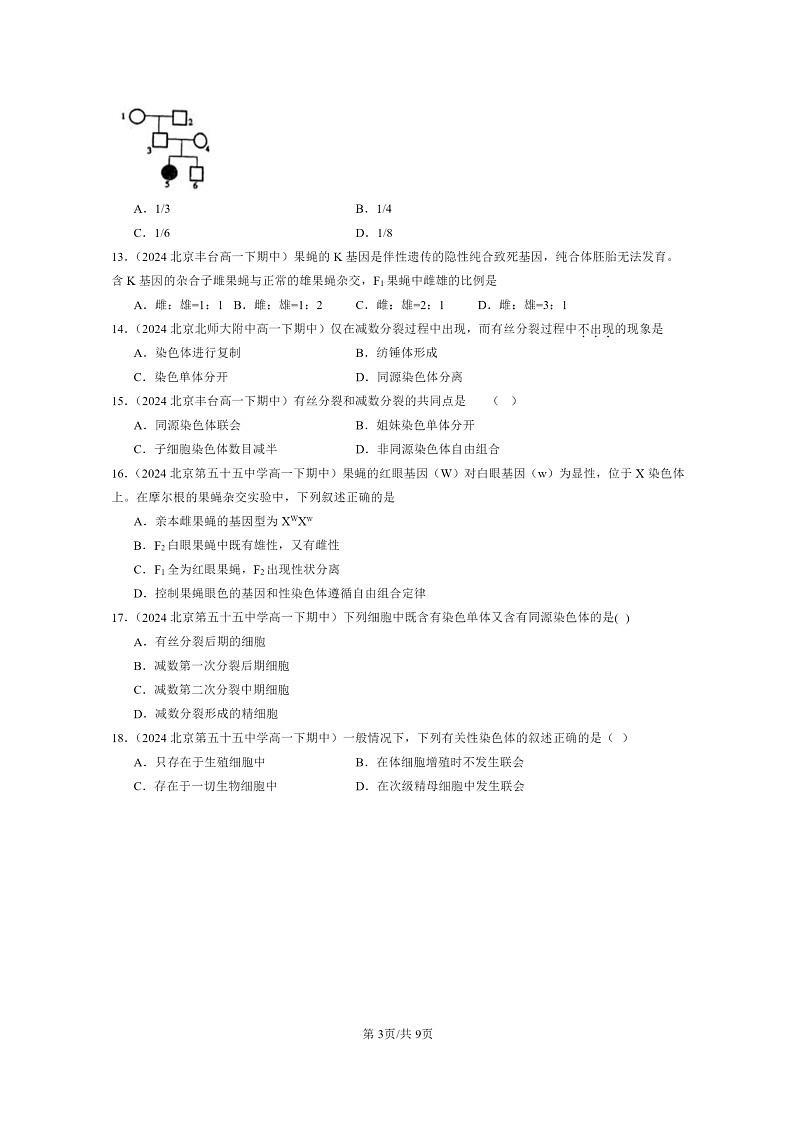 2024北京重点校高一下学期期中真题生物分类汇编:基因和染色体的关系章节综合(单选题)3第3页
