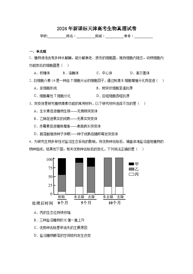 2024年新课标天津高考生物真题试卷