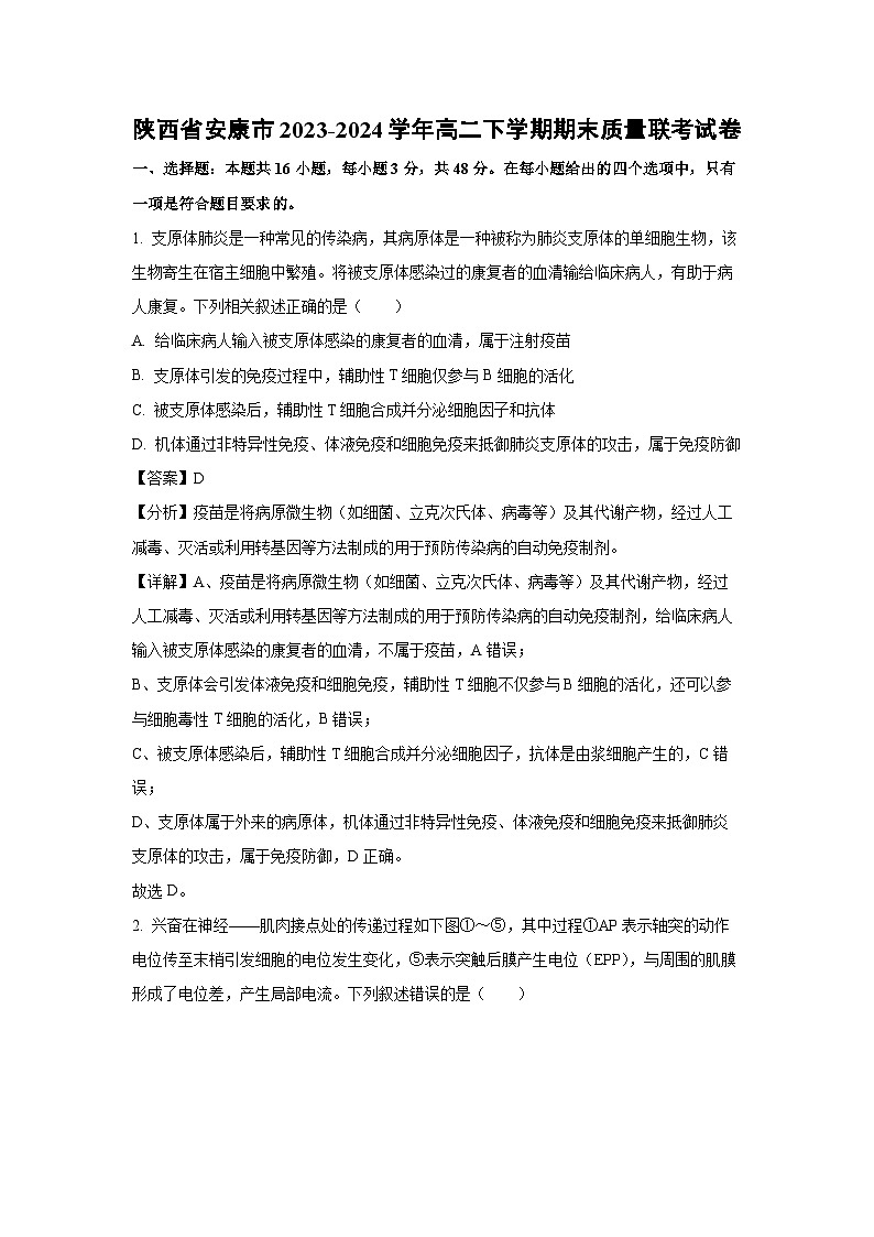 陕西省安康市2023-2024学年高二下学期期末质量联考生物试卷(解析版)01