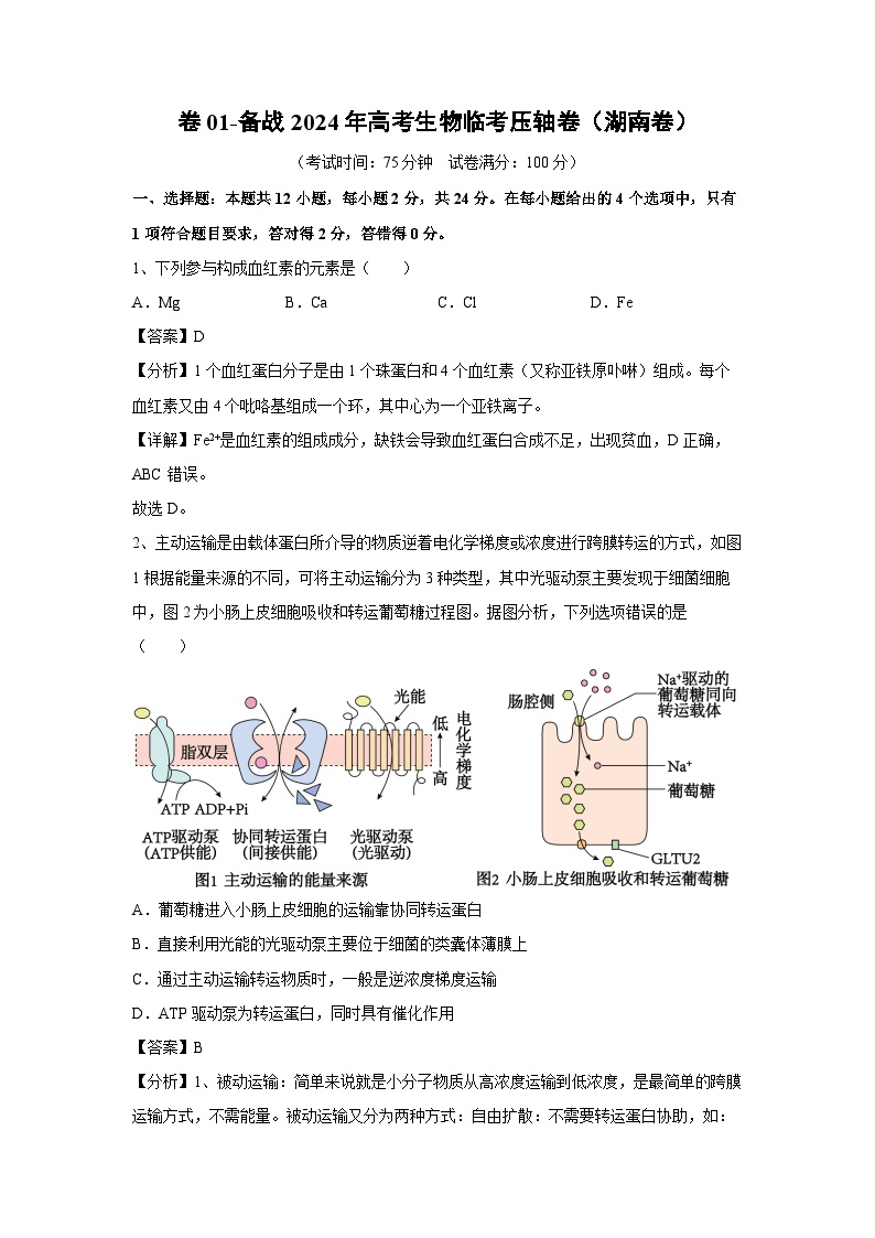 卷01-备战2024年高考生物临考压轴卷(湖南卷)生物试卷(解析版)