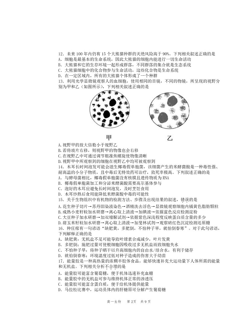 2024北京丰台高一上学期期中生物(A卷)试卷及答案02
