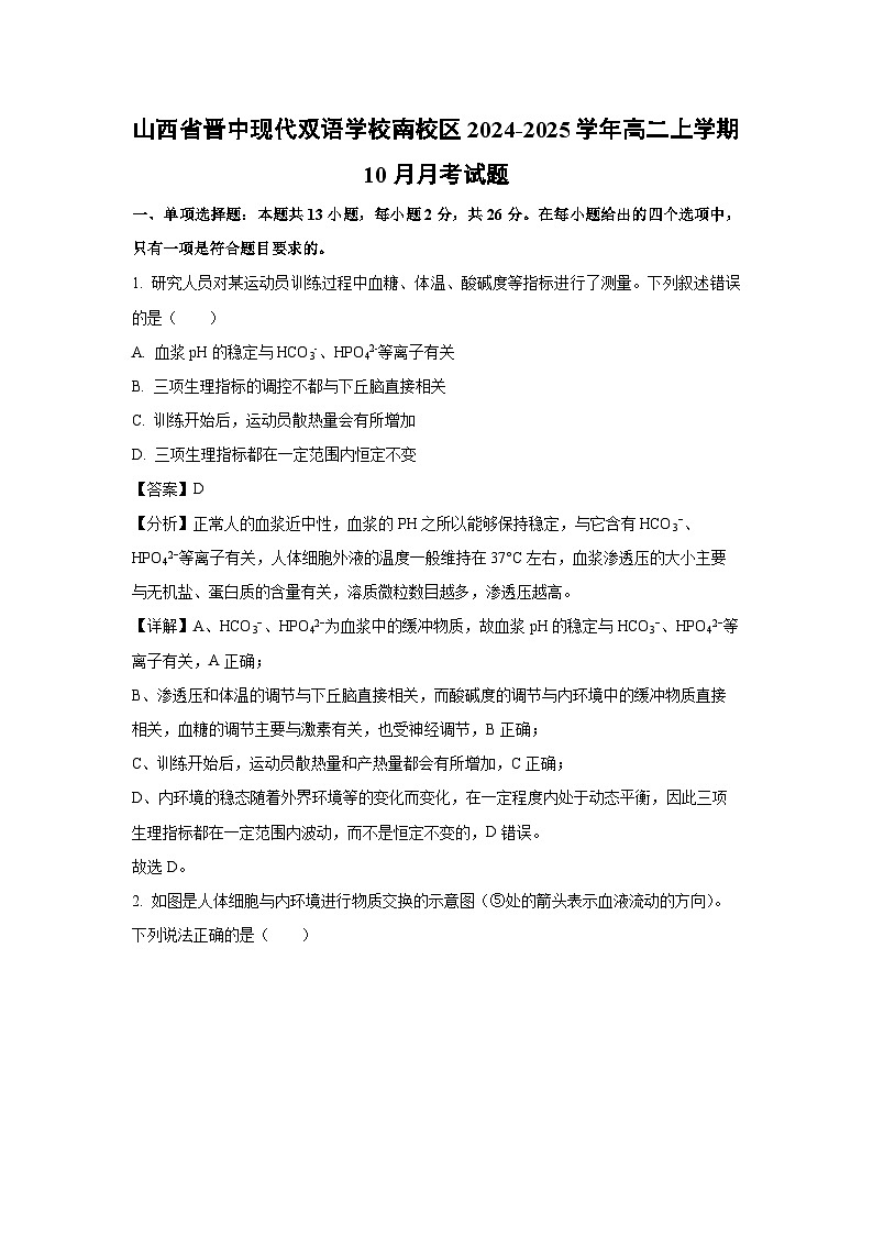 山西省晋中现代双语学校南校区2024-2025学年高二上学期10月月考生物试卷第1页