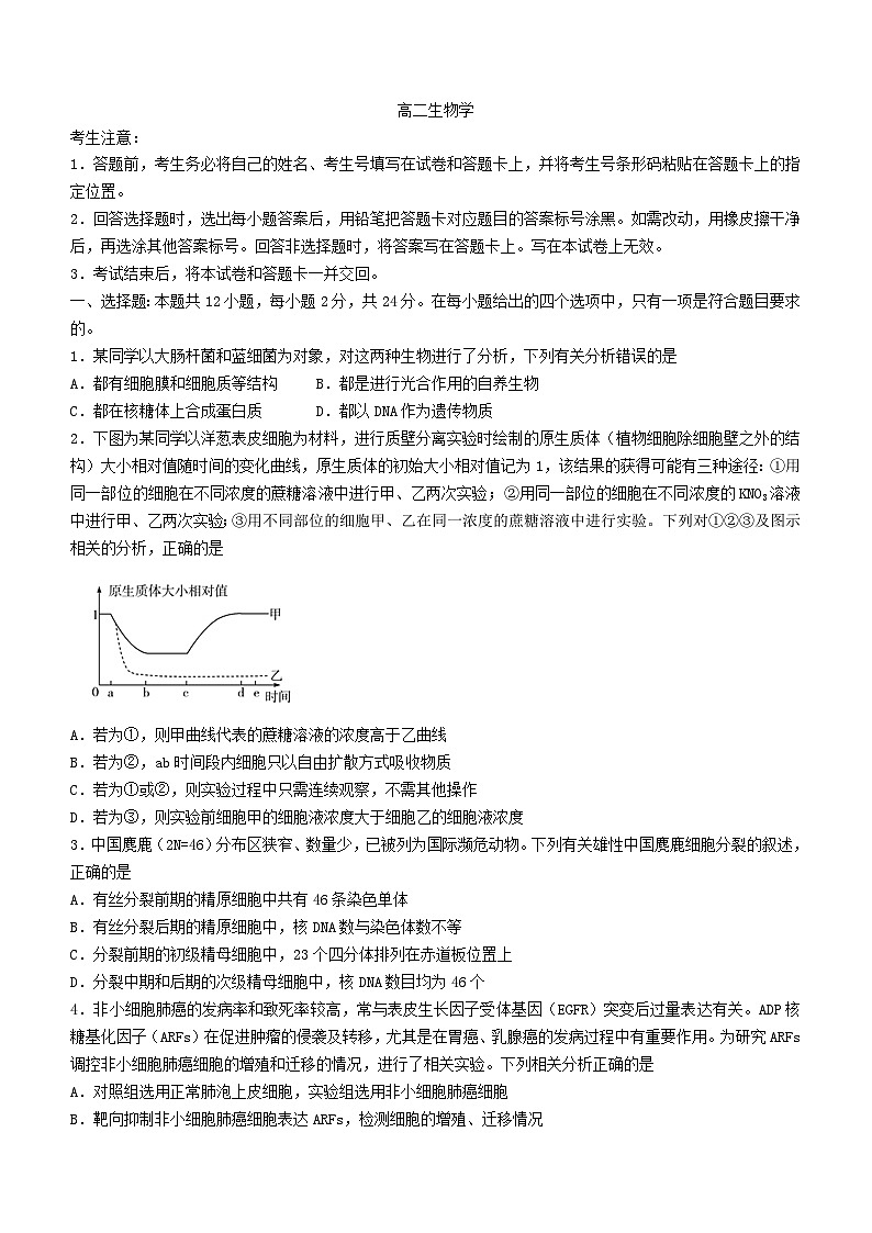 湖南省部分校2023_2024学年高二生物上学期10月联考试题含解析第1页