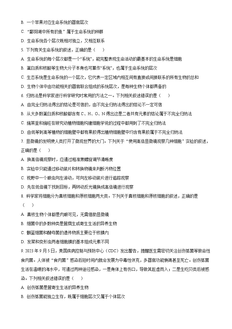 安徽省亳州市涡阳县2024-2025学年高一上学期10月月考生物试题 Word版无答案第2页