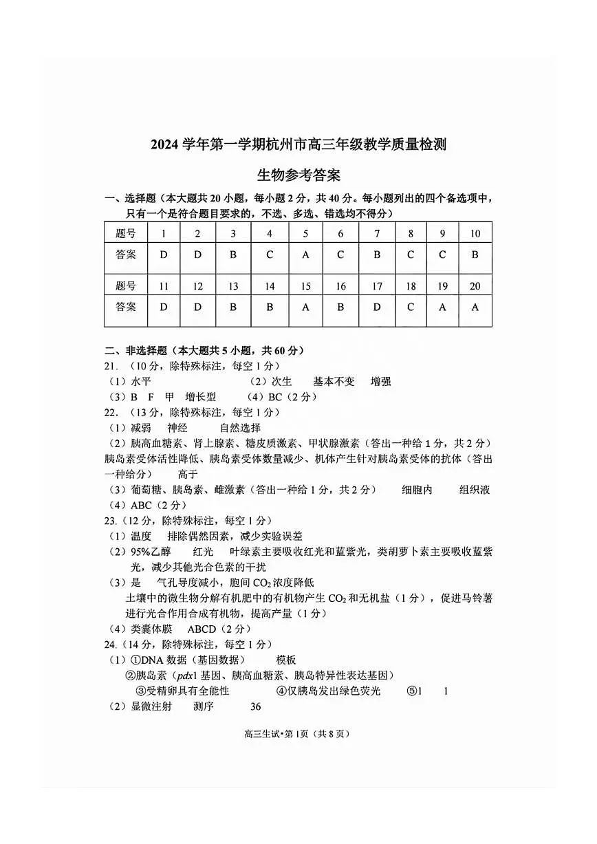 浙江省2025届高三杭州一模生物答案第1页