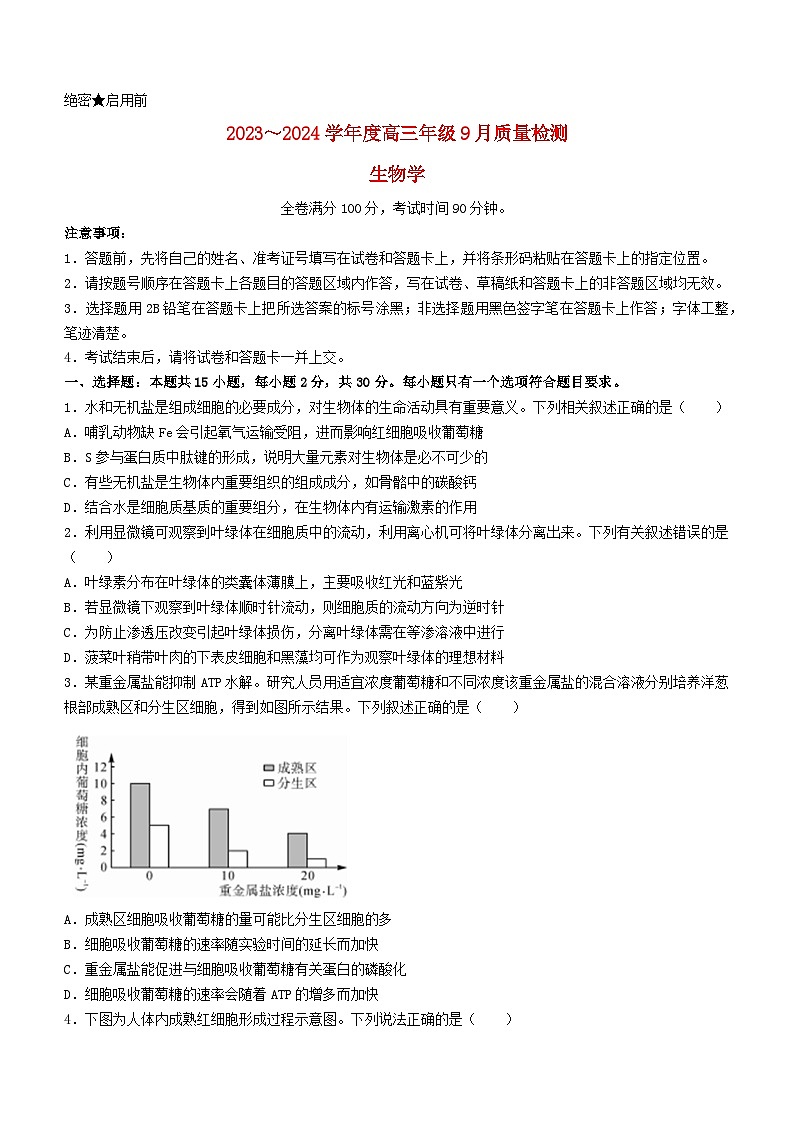 山东省金科大联考2024届高三生物上学期9月质量检测无答案第1页
