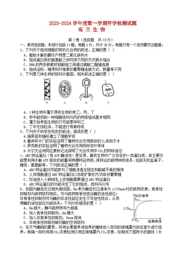 江苏省2023_2024学年高三生物上学期开学考试试题