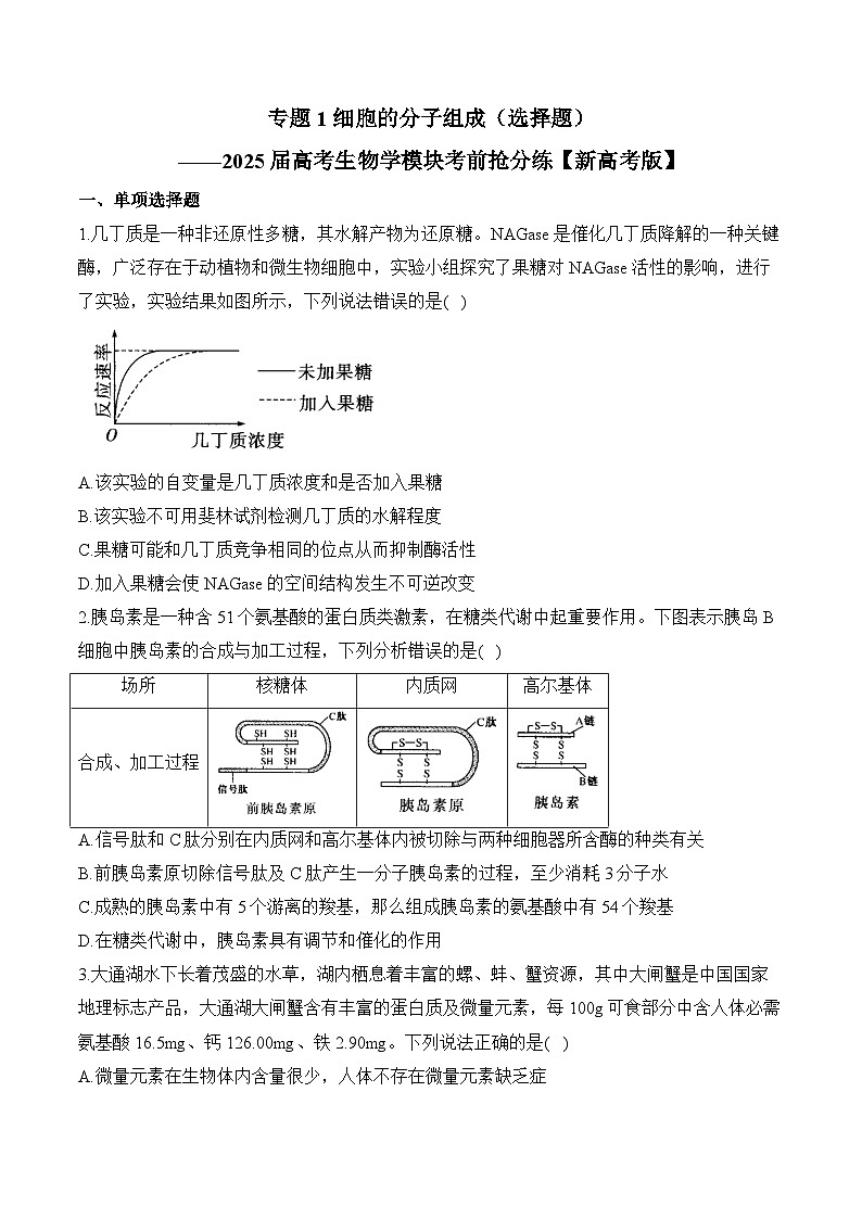 专题1细胞的分子组成(选择题)-2025年高考生物二轮复习模块考前抢分练【新高考版】(含解析)第1页