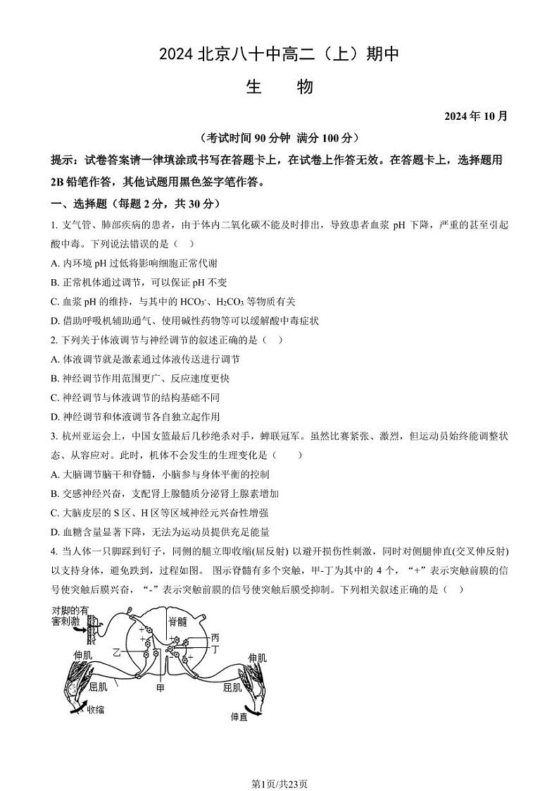 2024北京八十中高二上学期期中生物试题及答案第1页