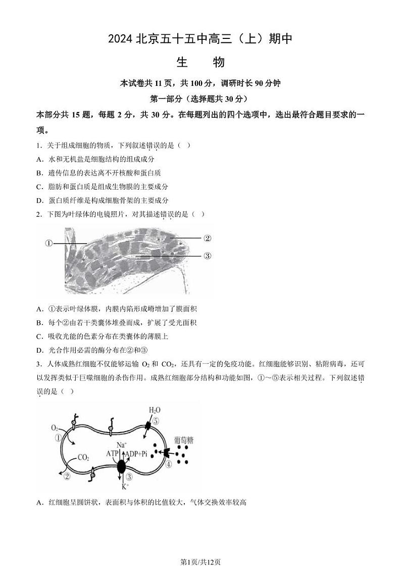 2024北京五十五中高三上学期期中生物试题及答案第1页