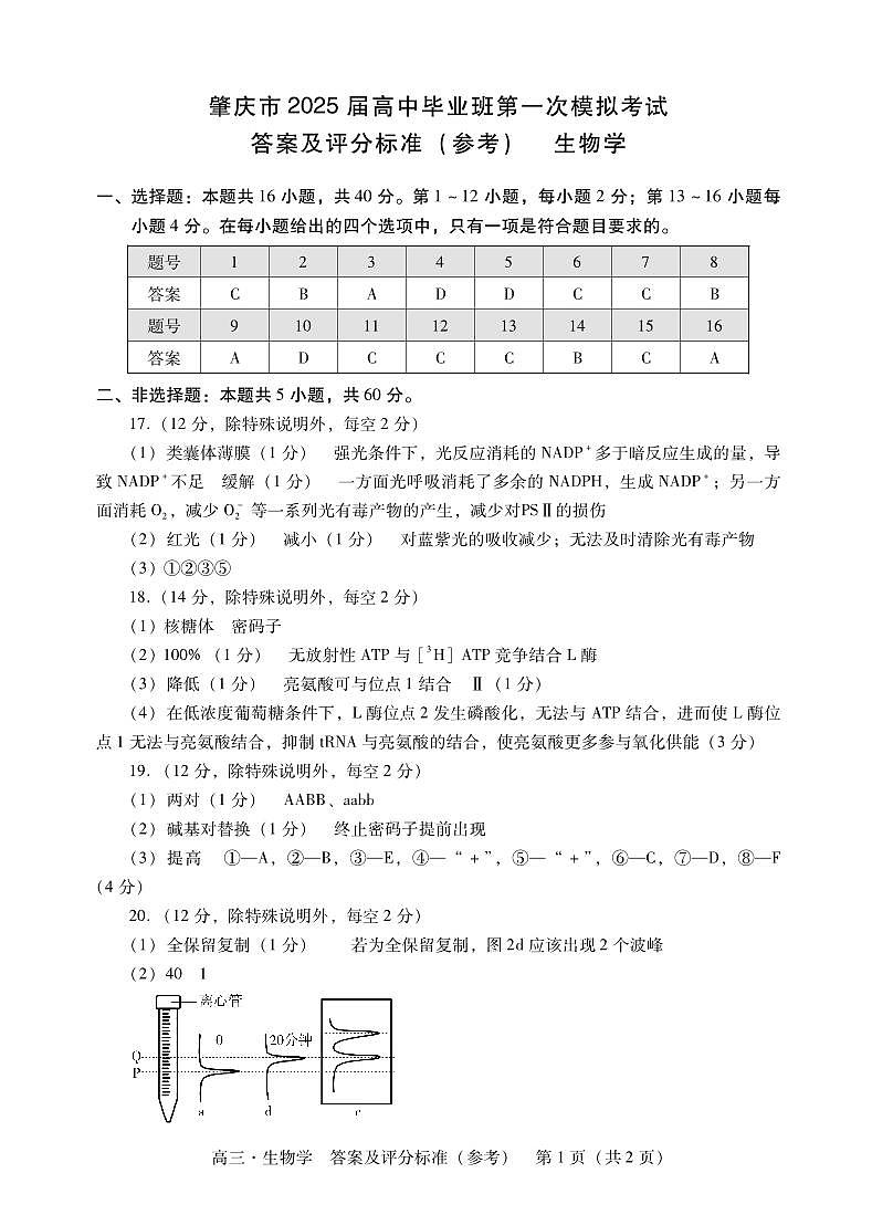 肇庆2025届高三一模·生物学答案第1页