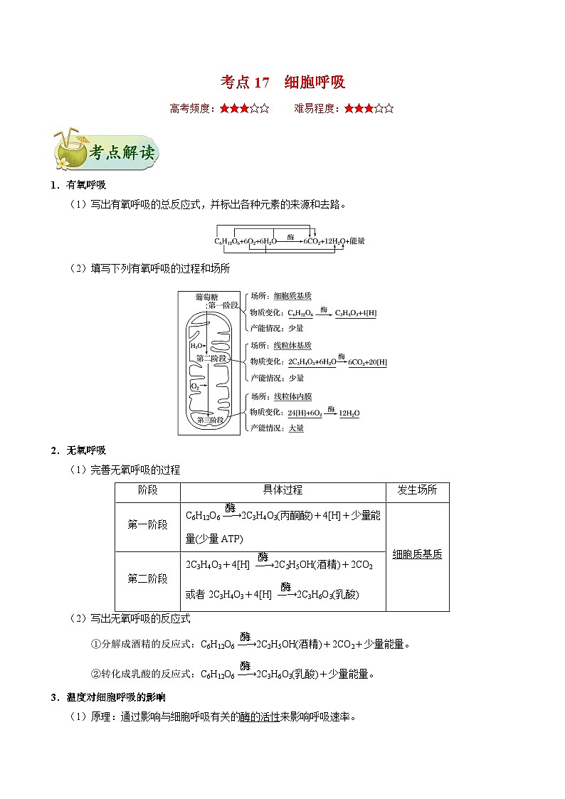 备战2025年高考生物考点一遍过考点17细胞呼吸教案(Word版附解析)01