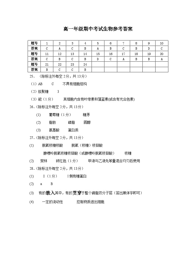 宁夏回族自治区银川市贺兰县2024-2025学年高一上学期期中生物试题01