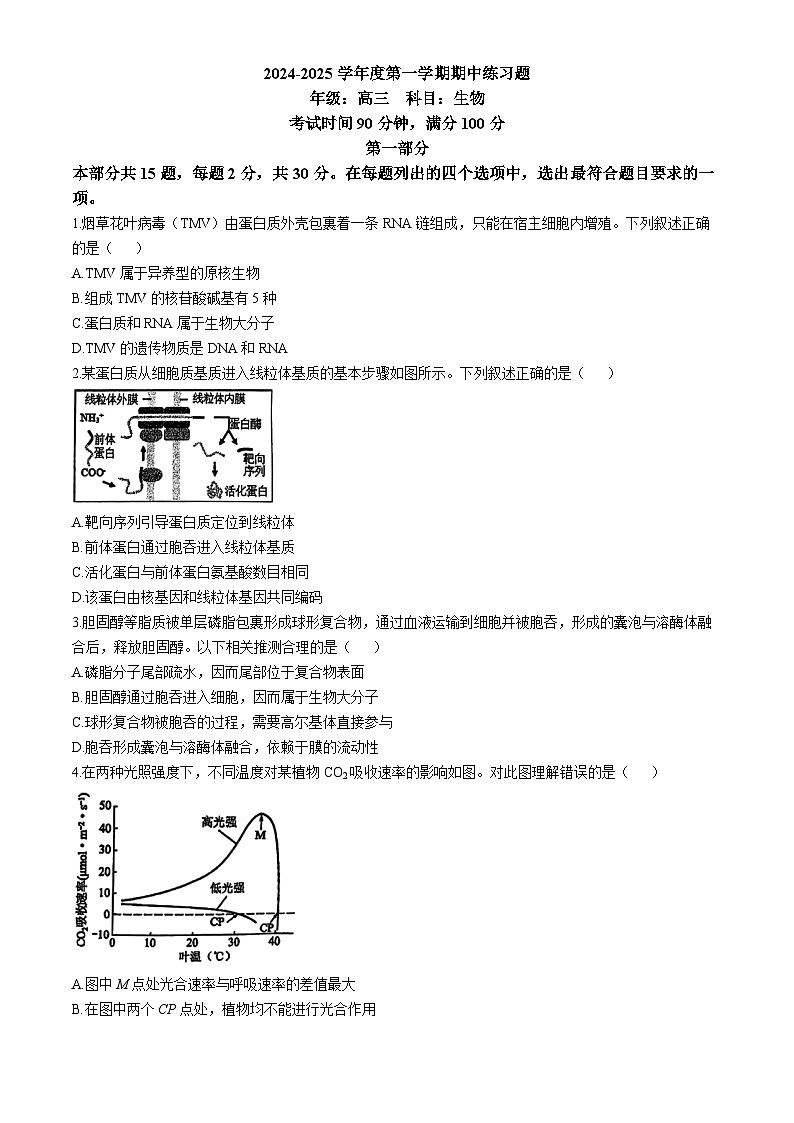 北京市八中2024-2025学年高三上学期期中考试生物试题(无答案)第1页