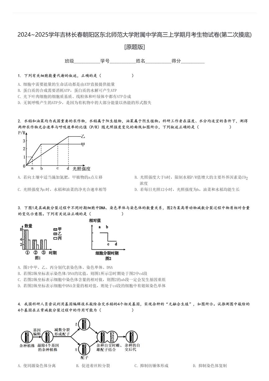 2024～2025学年吉林长春朝阳区东北师范大学附属中学高三上学期月考生物试卷(第二次摸底)[原题+解析版]