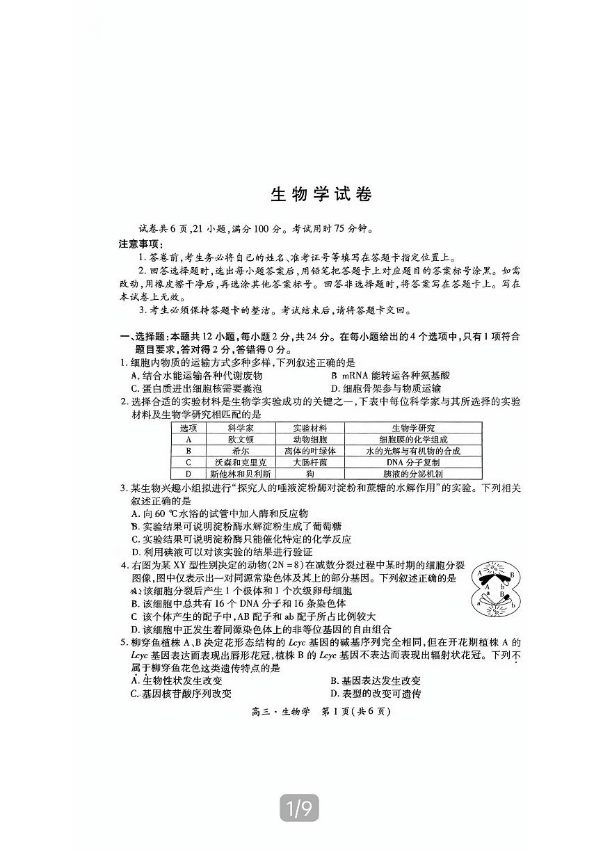 江西省稳派上进2025届新高三上学期9月秋季入学摸底考试+生物试题