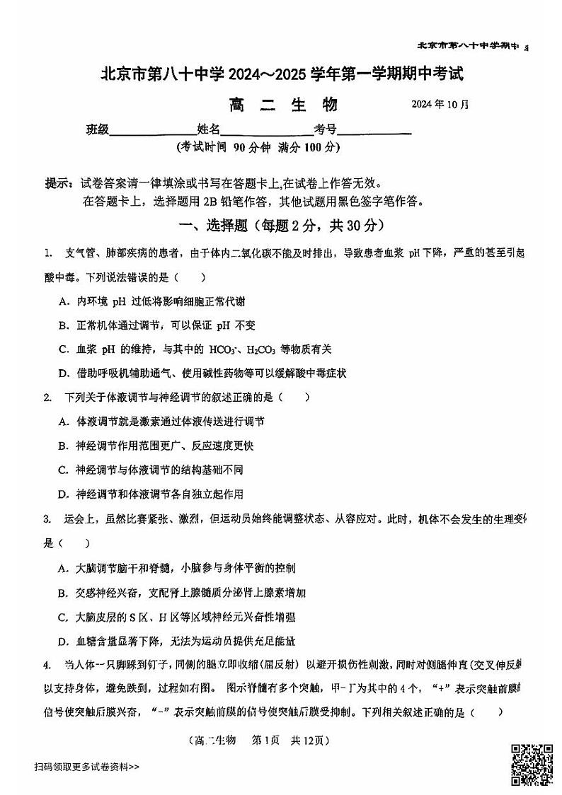 2024北京八十中高二上学期期中生物试卷第1页