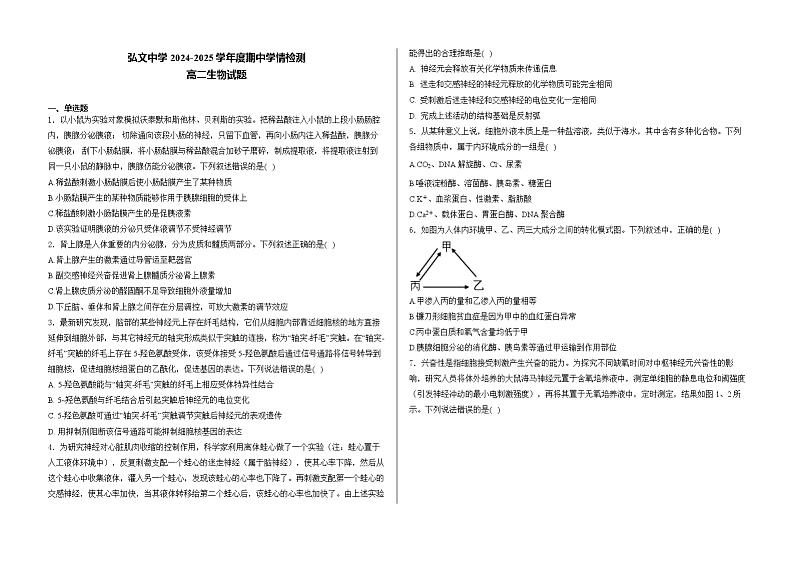 山东省泰安市新泰市弘文中学2024-2025学年高二上学期期中检测生物试题第1页