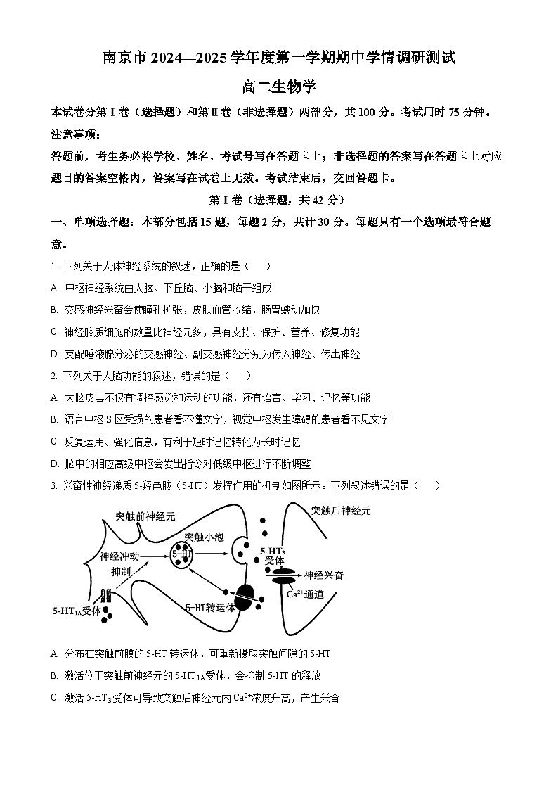 江苏省南京市2024-2025学年高二上学期11月期中生物试题 Word版无答案第1页