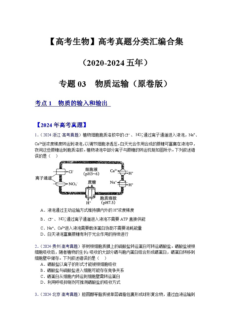 【高考生物】  高考真题分类汇编合集(2020-2024五年)专题03  物质运输01