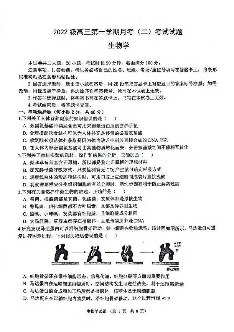 生物丨陕西省西安市(高新第一中学、安康市高新中学、宝鸡中学)2022级2025届高三上学期11月联考生物试卷及答案第1页