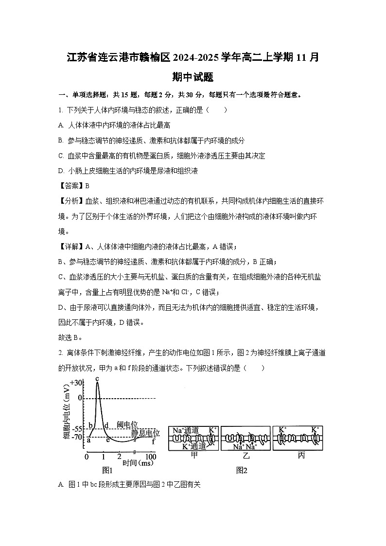 江苏省连云港市赣榆区2024-2025学年高二上学期11月期中生物试卷(解析版)第1页