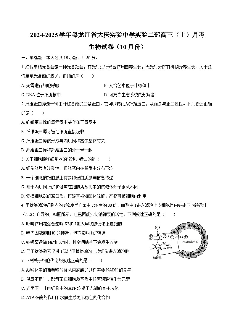 2024-2025学年黑龙江省大庆实验中学实验二部高三(上)月考生物试卷(10月份)(含答案)01