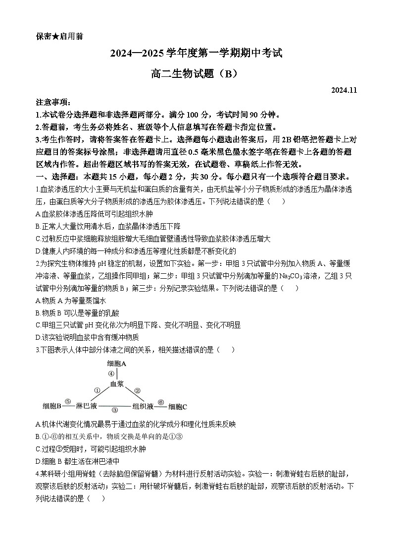 山东省菏泽市2024-2025学年高二上学期期中考试生物试题(无答案)第1页