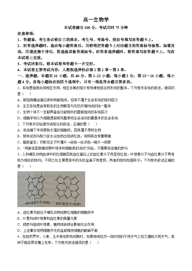 广东省部分学校2024-2025学年高一上学期期中联考生物试题第1页
