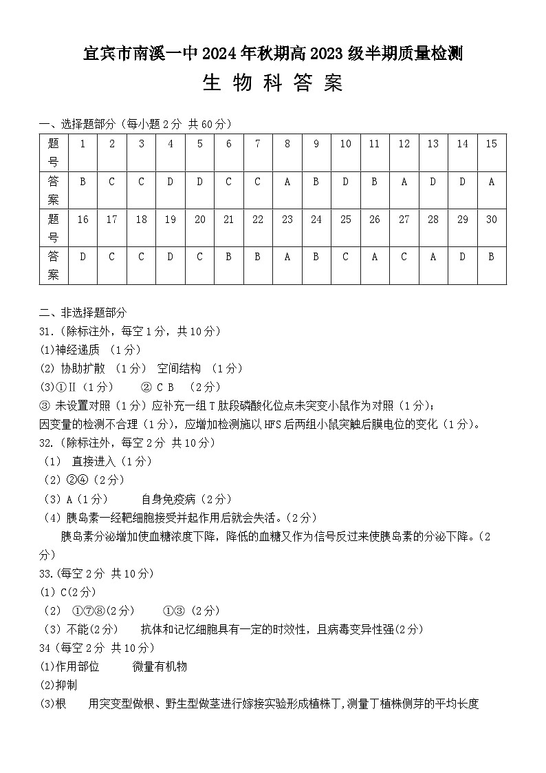 四川省宜宾市南溪区四川省宜宾市南溪第一中学校2024-2025学年高二上学期期中生物试卷01