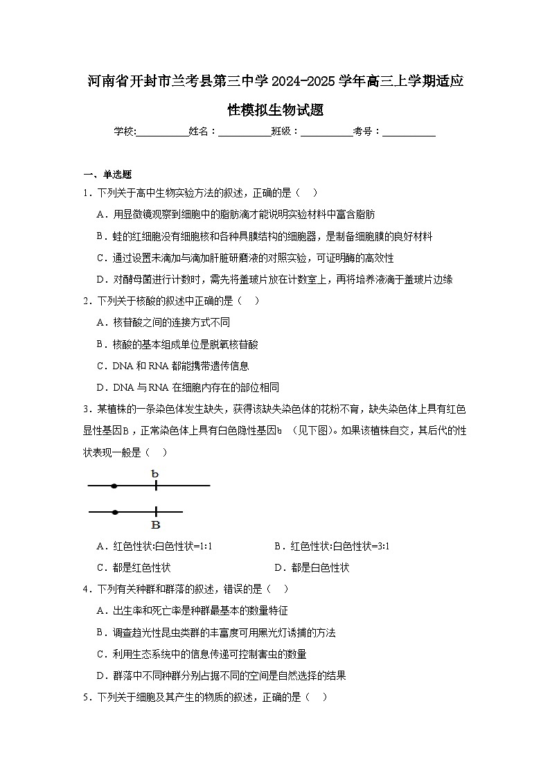河南省开封市兰考县第三中学2024-2025学年高三上学期适应性模拟生物试题第1页
