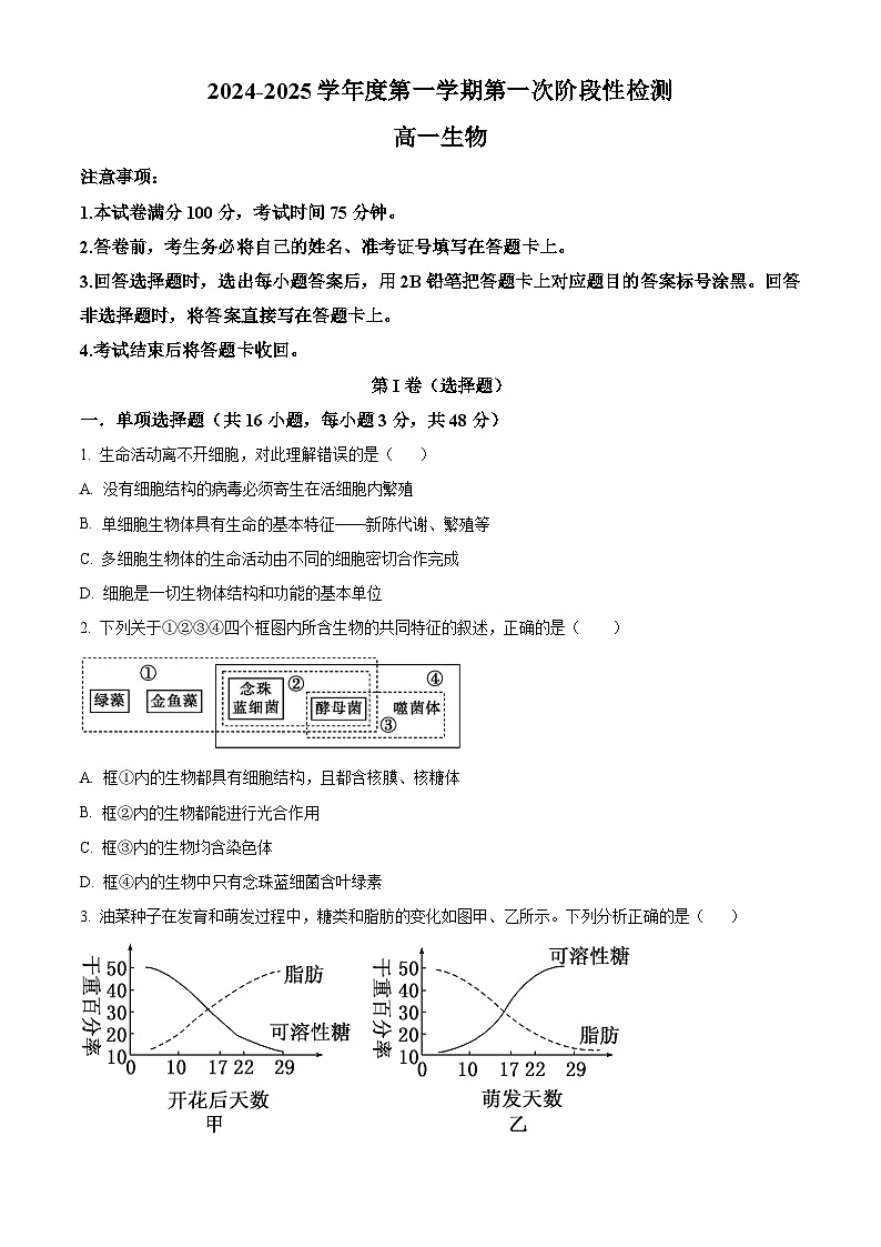 2025西安部分学校高一上学期10月联考生物试题含解析01